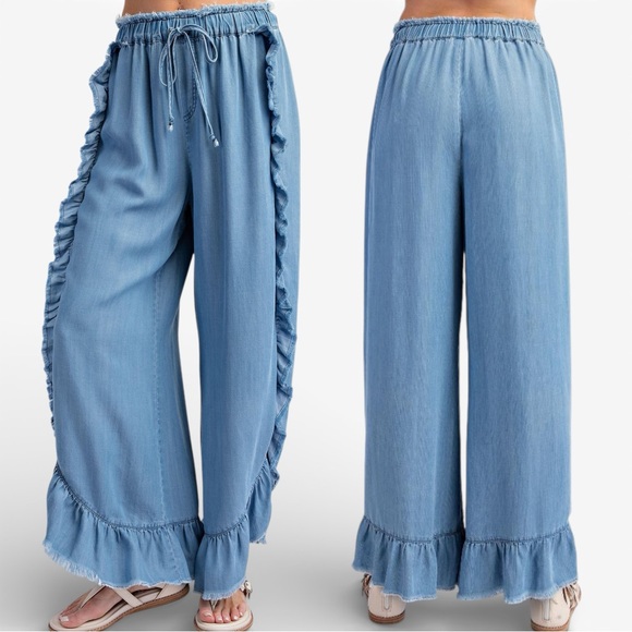 Easel light blue chambray denim wide leg elastic waist pull on pants size Large - Picture 2 of 13